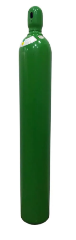 Cilindro de oxigênio medicinal na cor verde utilizado para armazenamento e fornecimento de oxigênio em hospitais, clínicas e oxigenoterapia domiciliar. Equipamento essencial para suporte respiratório e tratamentos médicos.